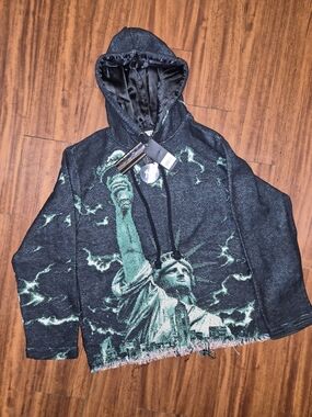 Men's Black Hoodie Sweater with Green Statue of Liberty Graphic